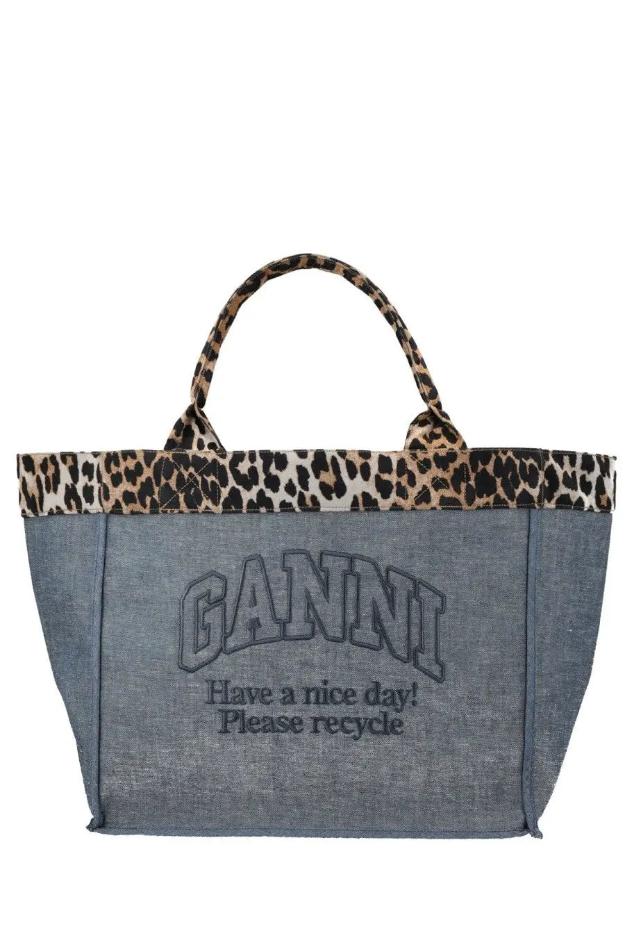 Ganni women’s blue denim tote bag with leopard-print trim and handles and dark gray embroidered logo