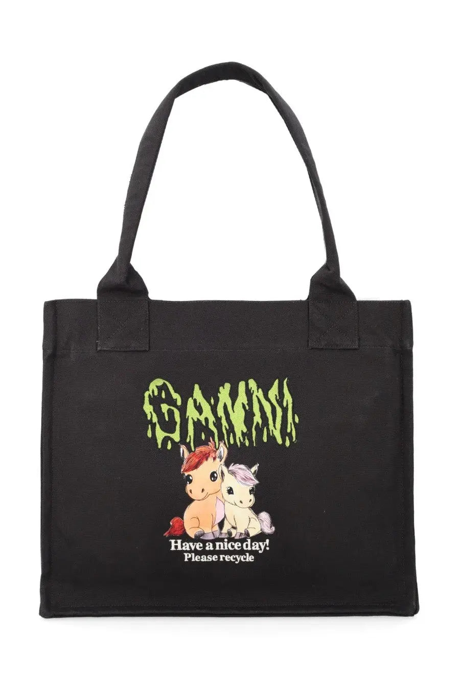 Black canvas ganni women’s tote bag featuring green gamma lettering and pony illustration with recycling message