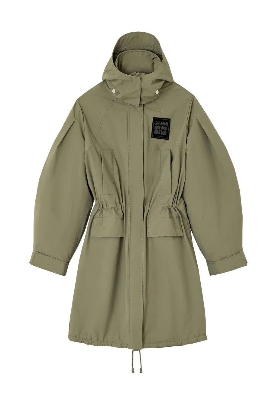 Olive green ganni women’s tri layer parka hooded trench coat with drawstring waist and front pockets