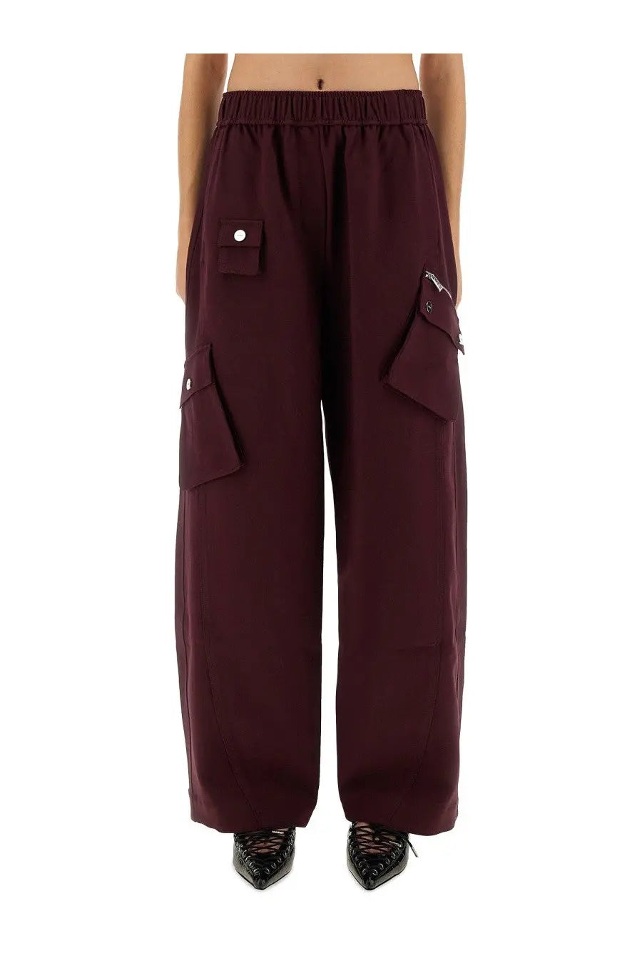 Ganni women’s twill maroon cargo pants with elastic waistband and multiple pockets in durable cotton blend
