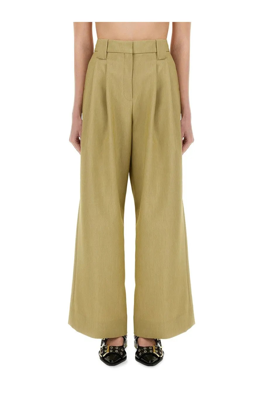 Ganni women’s beige twill suit pants with olive green high-waisted wide-leg pleated design