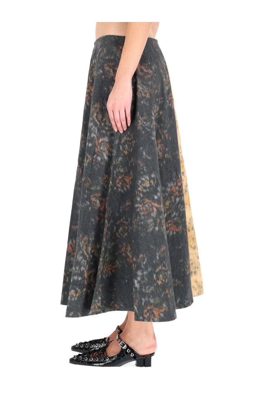 Ganni women’s wheeled skirt with dark gray floral midi length and beige side panel in elegant a-line silhouette