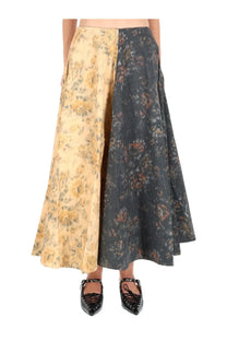 Ganni women’s wheeled skirt with split hem midi length in mustard yellow and dark gray floral lightweight fabric