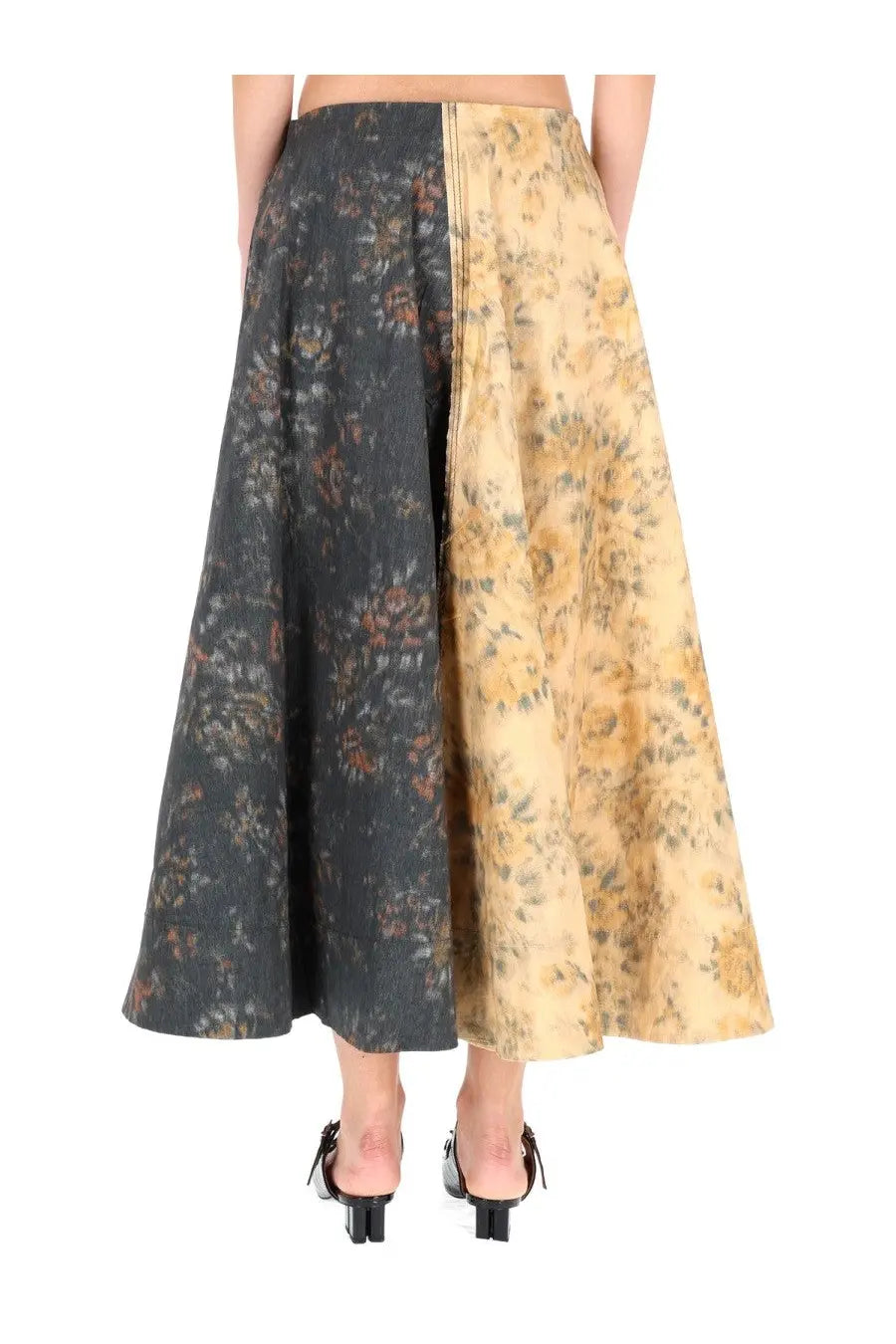 Ganni women’s wheeled skirt multicolor midi skirt with two-toned dark gray and mustard yellow floral botanical prints