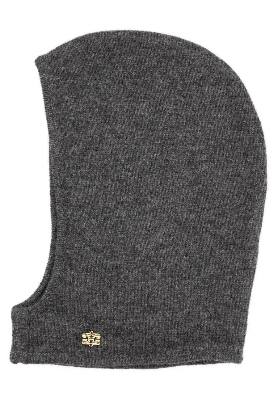 Ganni women’s wool balaclava in dark gray knit with a small gold-tone logo patch at the bottom edge