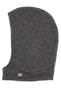 Ganni women’s wool balaclava in dark gray knit with a small gold-tone logo patch at the bottom edge
