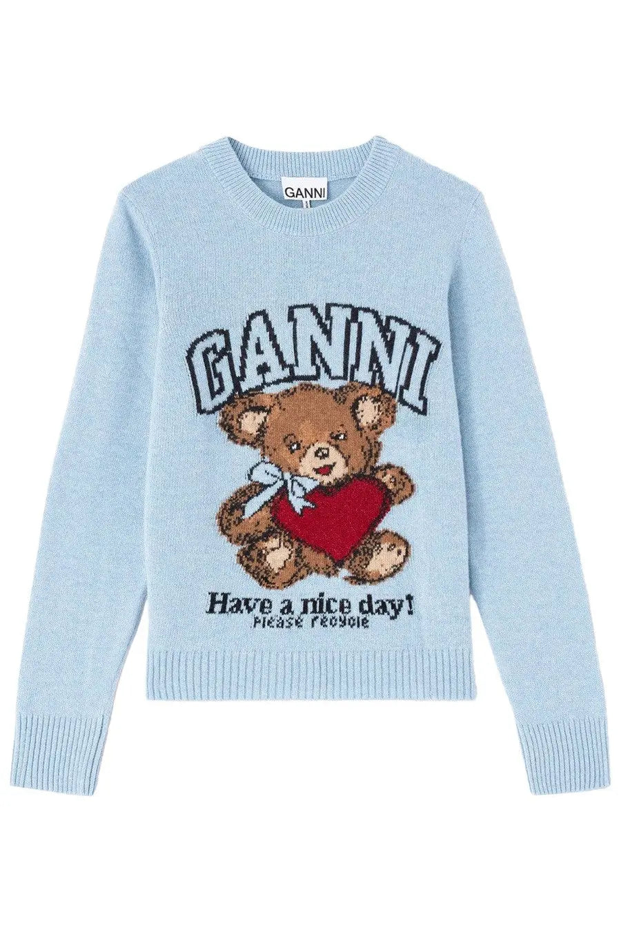 Light blue Ganni women’s wool jersey sweater with knitted teddy bear holding red heart and have a nice day message