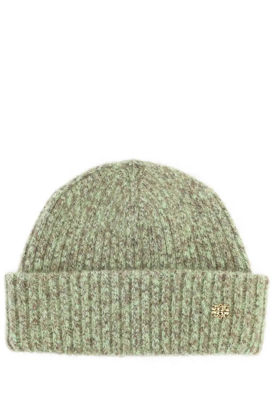 Ganni women’s wool and mohair beanie in soft olive green ribbed knit with folded cuff and gold-tone logo tag