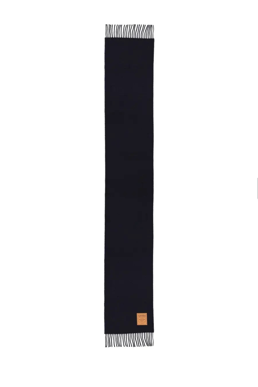 Ganni women’s wool scarf blue featuring sleek black wool with textured weave and white fringe with tan leather tag