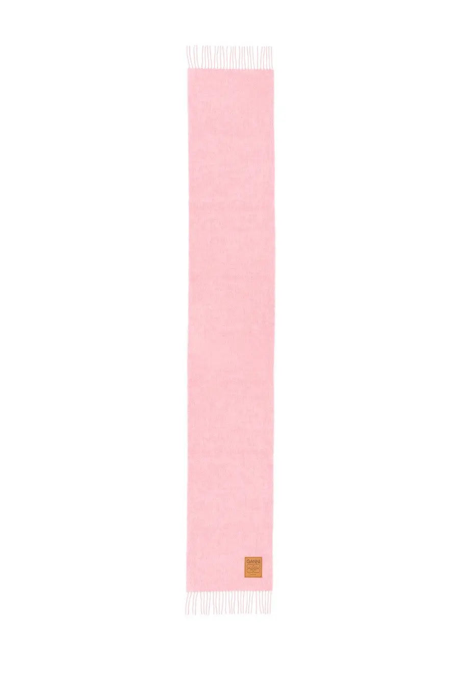 Ganni women’s wool scarf soft pink with white fringe and brown leather tag visible on front side