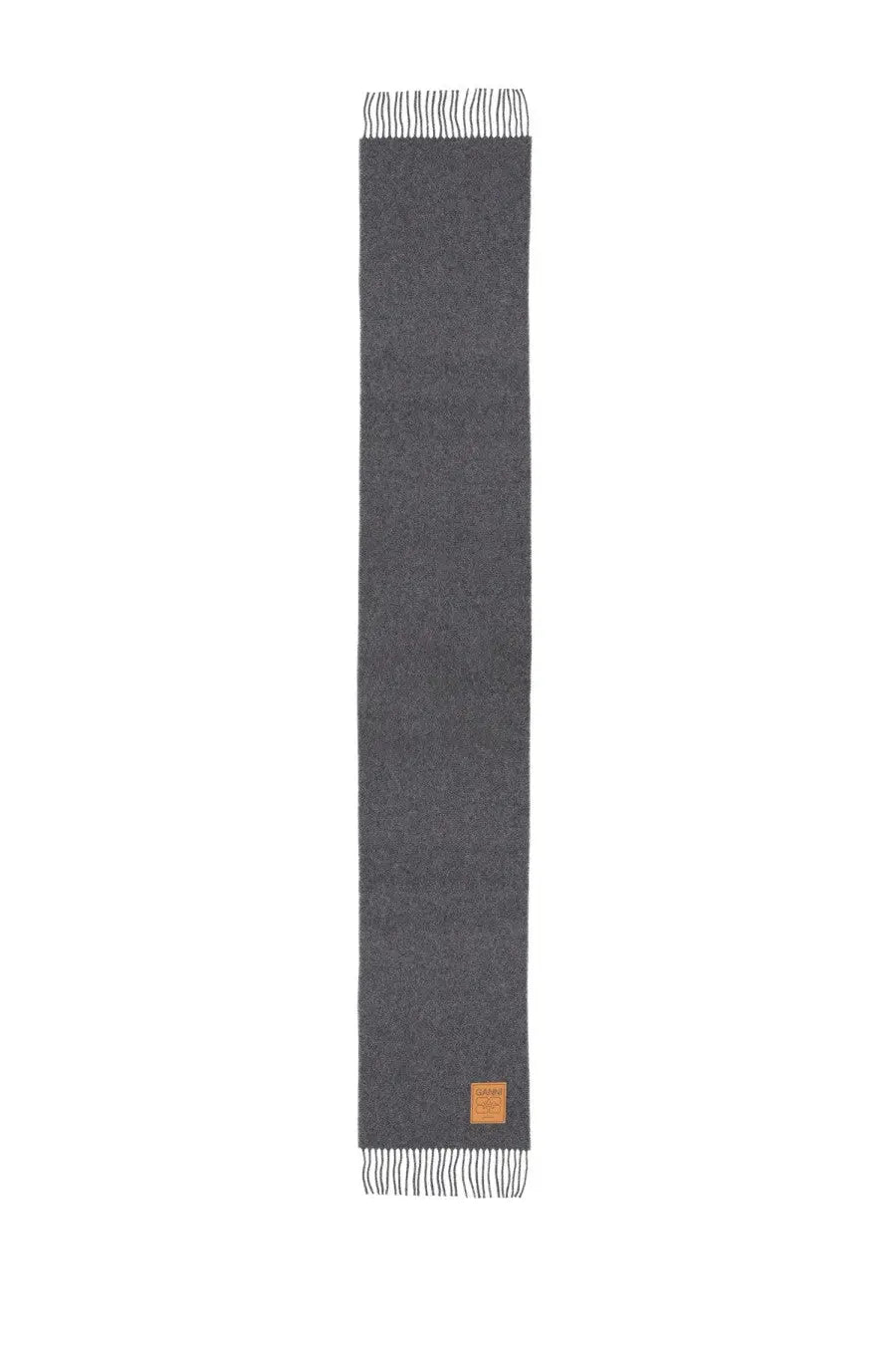 Ganni women’s wool scarf grey in dark gray with fringed ends and a small tan leather tag at the bottom