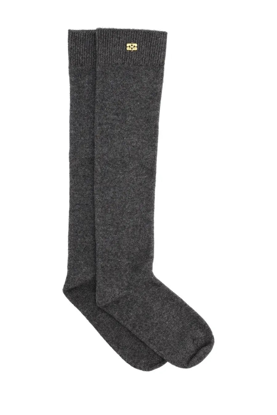 Ganni women’s dark gray wool knee-high socks with ribbed cuff and small gold logo at the top