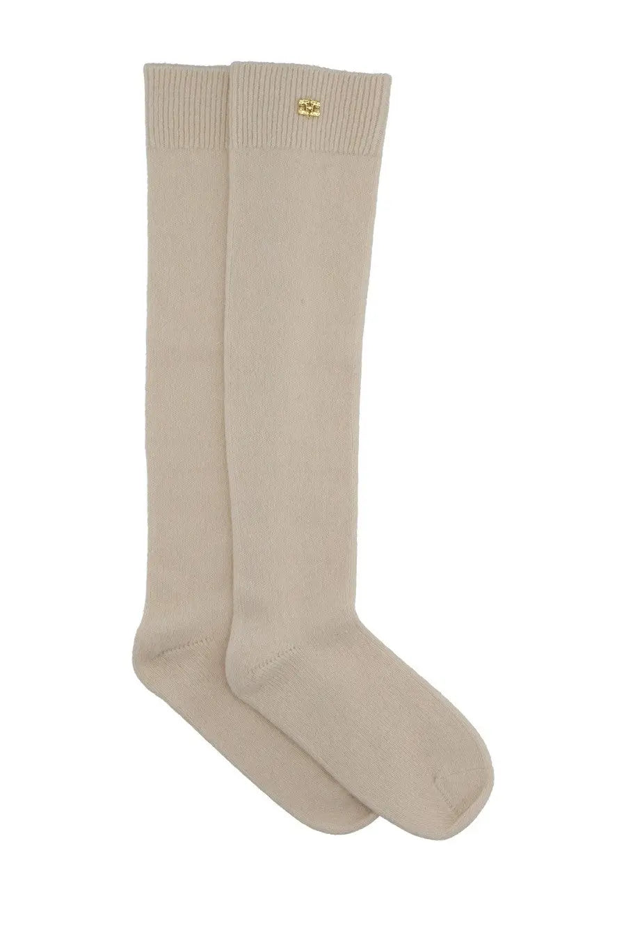 Beige ganni women’s wool knee-high socks with ribbed cuffs and small gold logo on the upper part