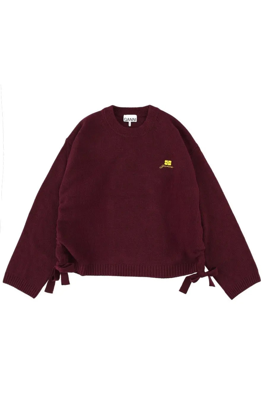 Ganni women’s maroon wool knit sweater with ribbed cuffs and hem featuring gold embroidery on the chest