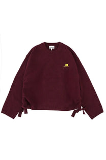 Ganni women’s maroon wool knit sweater with ribbed cuffs and hem featuring gold embroidery on the chest