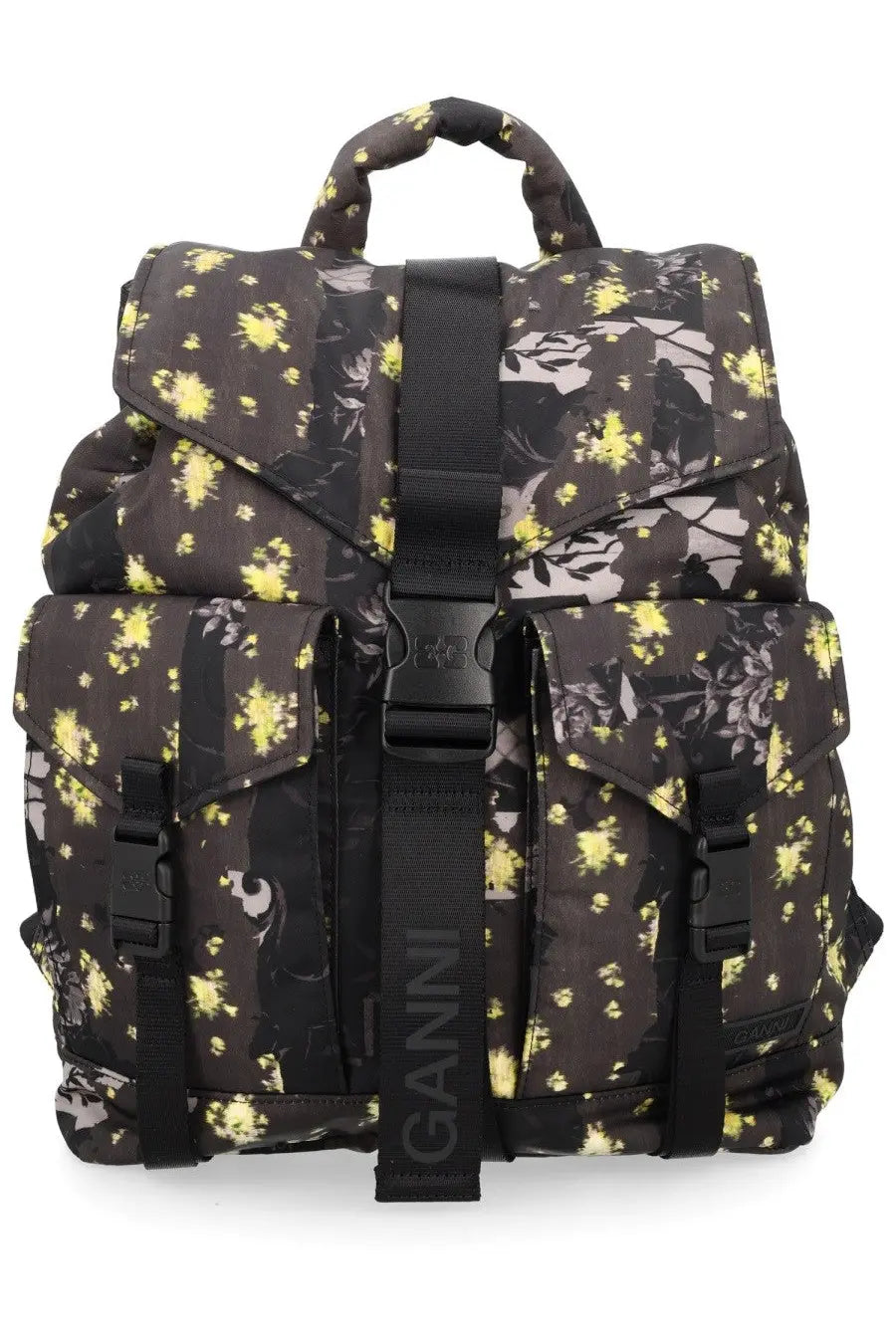 Ganni women’s zaino re tech con multicolor backpack with black and yellow floral pattern quilted texture and adjustable straps
