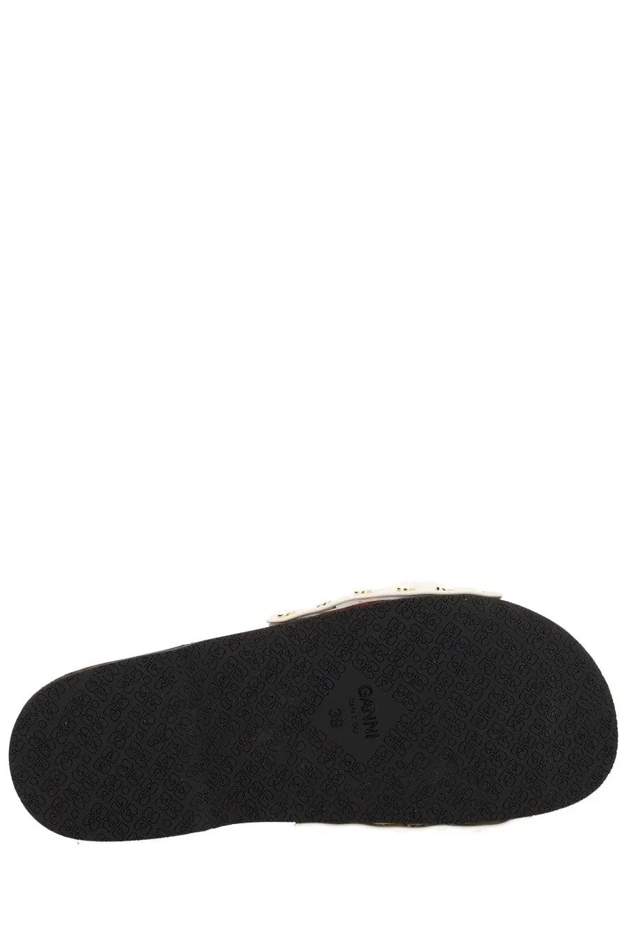 Ganni women’s zoccolo tia fairy white with black rubber sole embossed logo and white strap detail