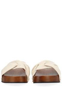 Ganni women’s zoccolo tia fairy white cream-colored leather slide sandals with knotted design and wooden soles