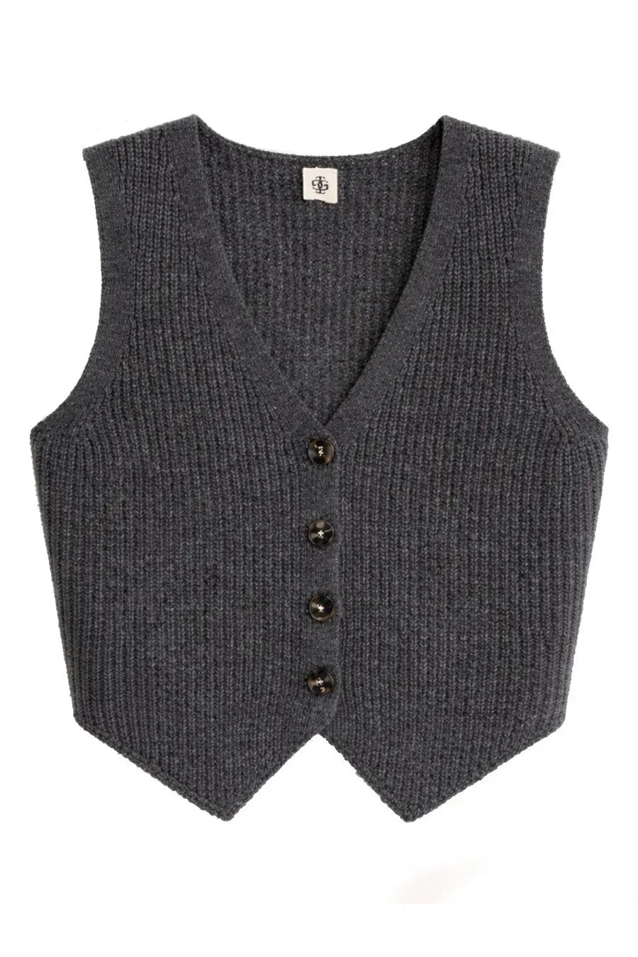 Dark gray ribbed knit sleeveless vest with five black buttons down the front from the garment women’s como vest gray