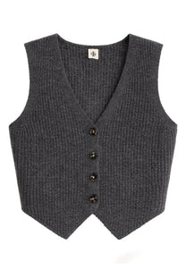 Dark gray ribbed knit sleeveless vest with five black buttons down the front from the garment women’s como vest gray