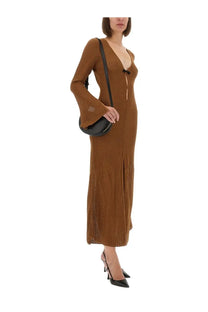 The garment women’s long brown knitted dress in tanzania bronze with deep v-neck and flared sleeves