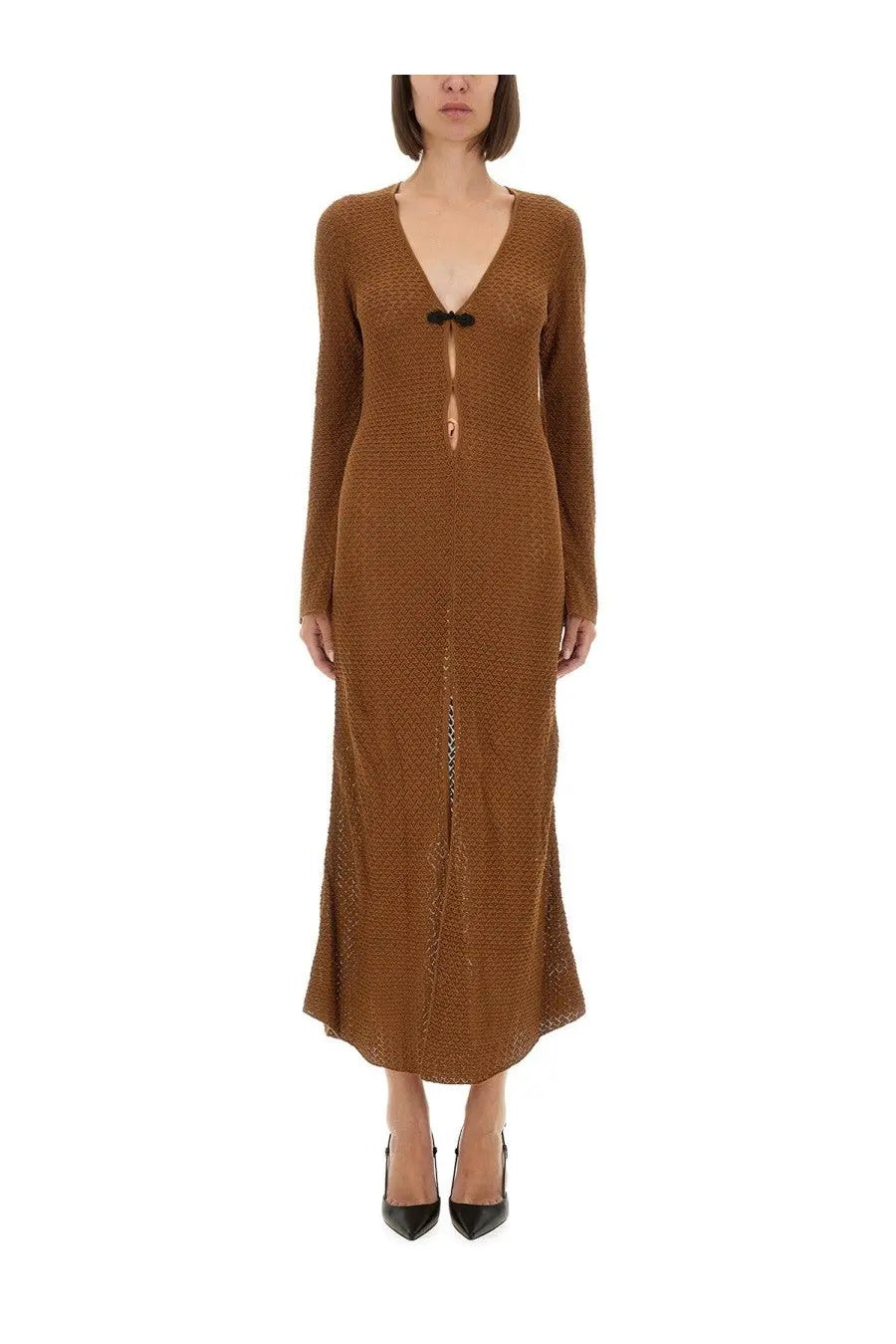 The garment women’s long brown knitted dress with v-neckline and black button closure in Tanzania bronze color