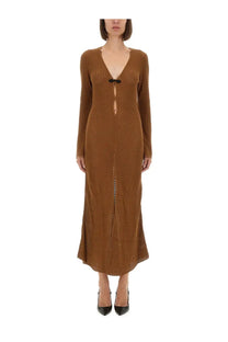 The garment women’s long brown knitted dress with v-neckline and black button closure in Tanzania bronze color