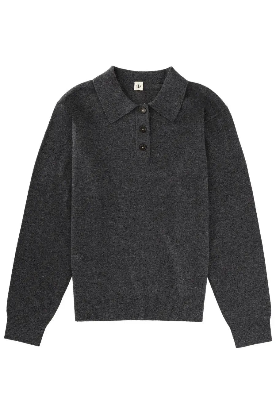 Dark gray textured knit polo shirt with classic collar three black buttons from the garment womens polo como grey