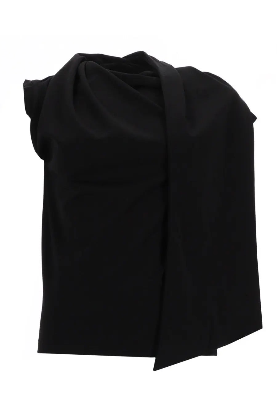 The garment women’s black sleeveless top with draped asymmetrical neckline made of soft fabric