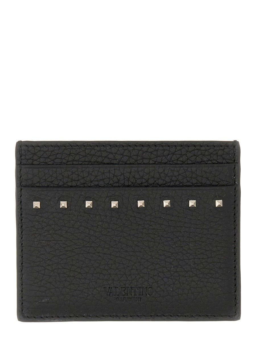 Valentino Men's Garnet Calfskin Rockstud Card Holder Black Valentino