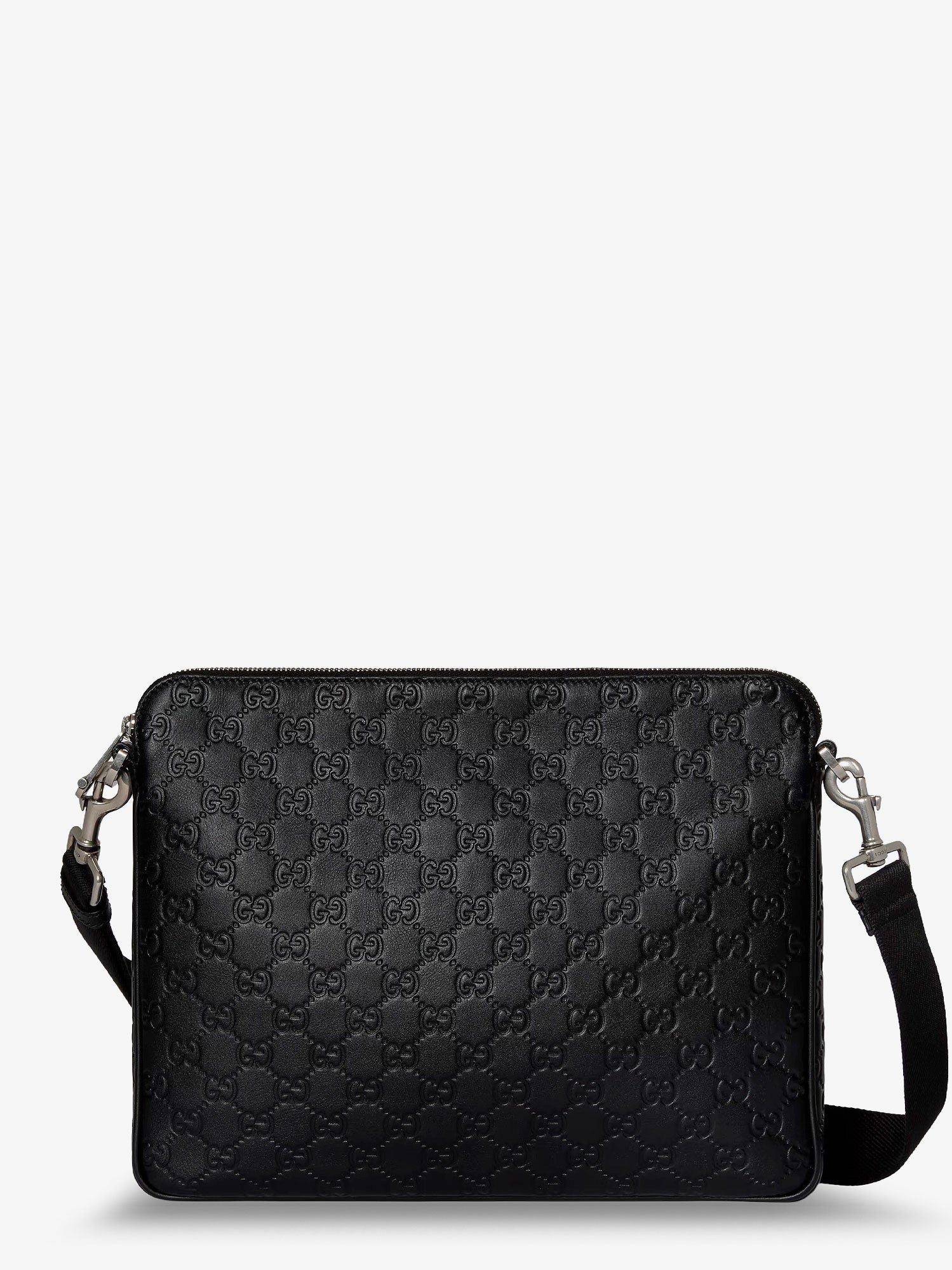 Gucci Men's GG Emblem Leather Crossbody Bag Grey