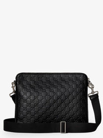 Gucci Men's GG Emblem Leather Crossbody Bag Grey