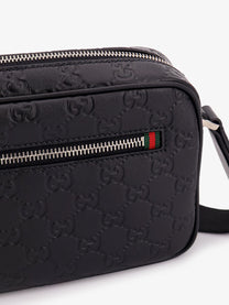 Gucci Men's GG Emblem Leather Crossbody Bag Black