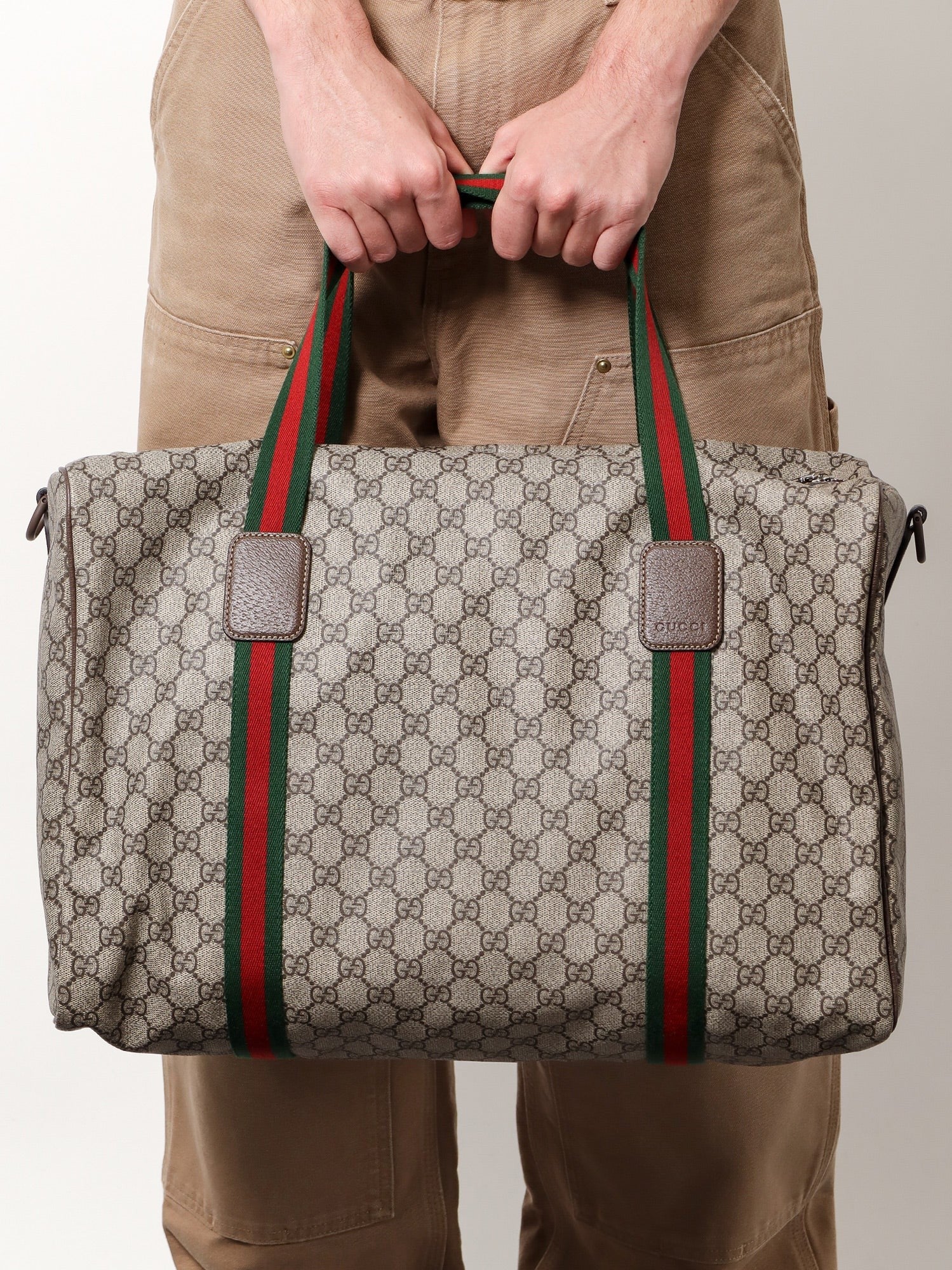 Gucci Men's GG Supreme Fabric and Leather Travel Bag Beige