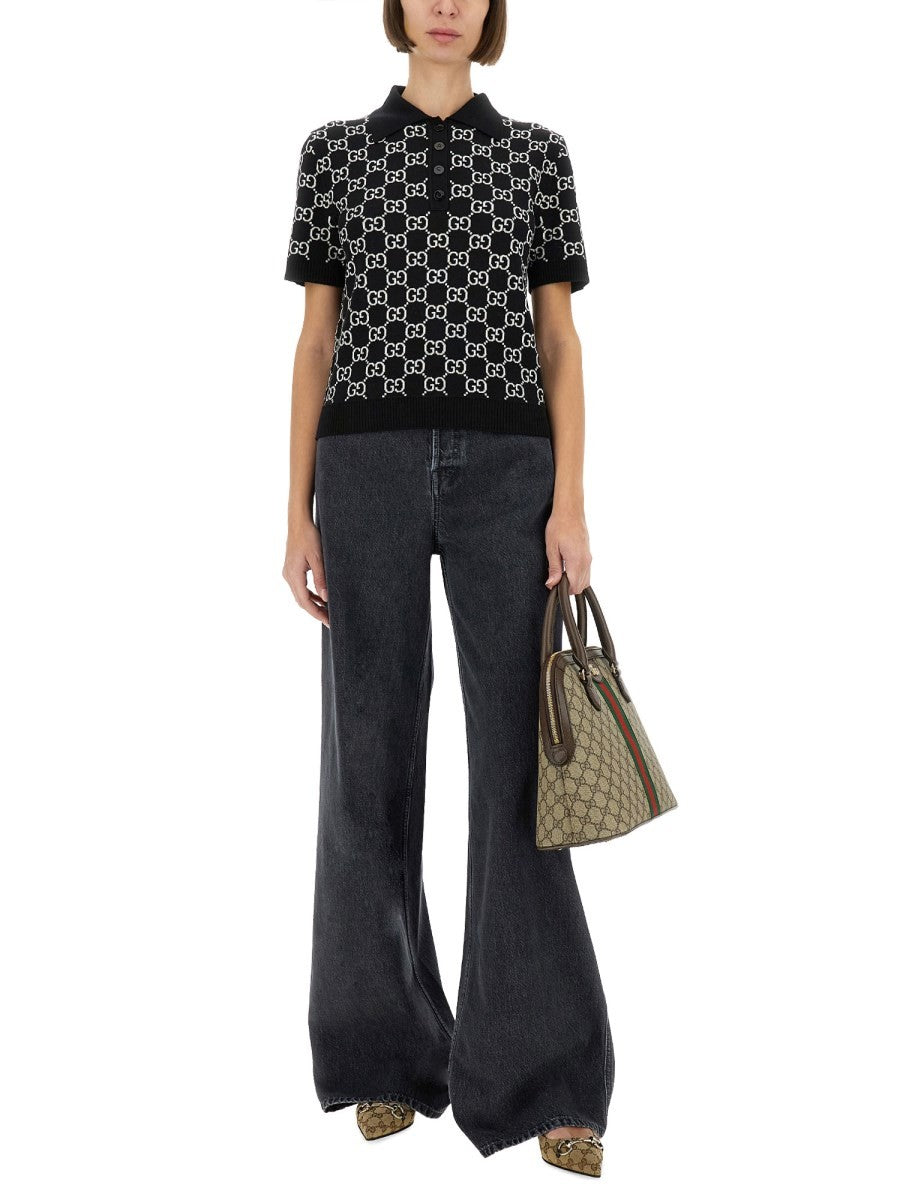 Gucci Women's GG Wool Jacquard Reversible Polo Shirt Black, view 2