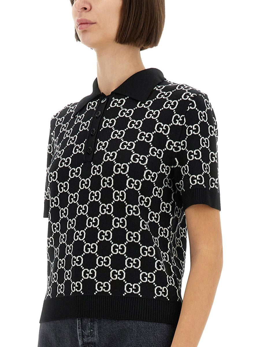 Gucci Women's GG Wool Jacquard Reversible Polo Shirt Black, view 4