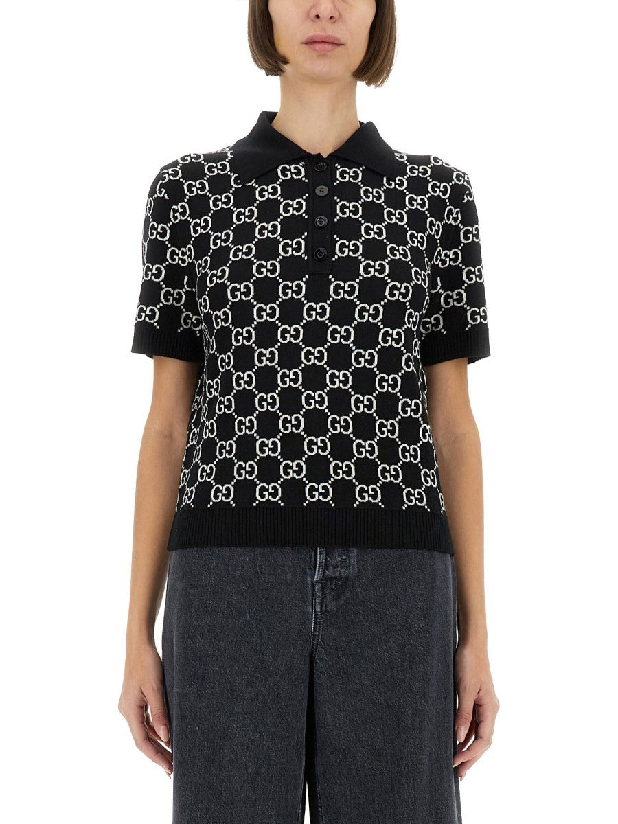 Gucci Women's GG Wool Jacquard Reversible Polo Shirt Black
