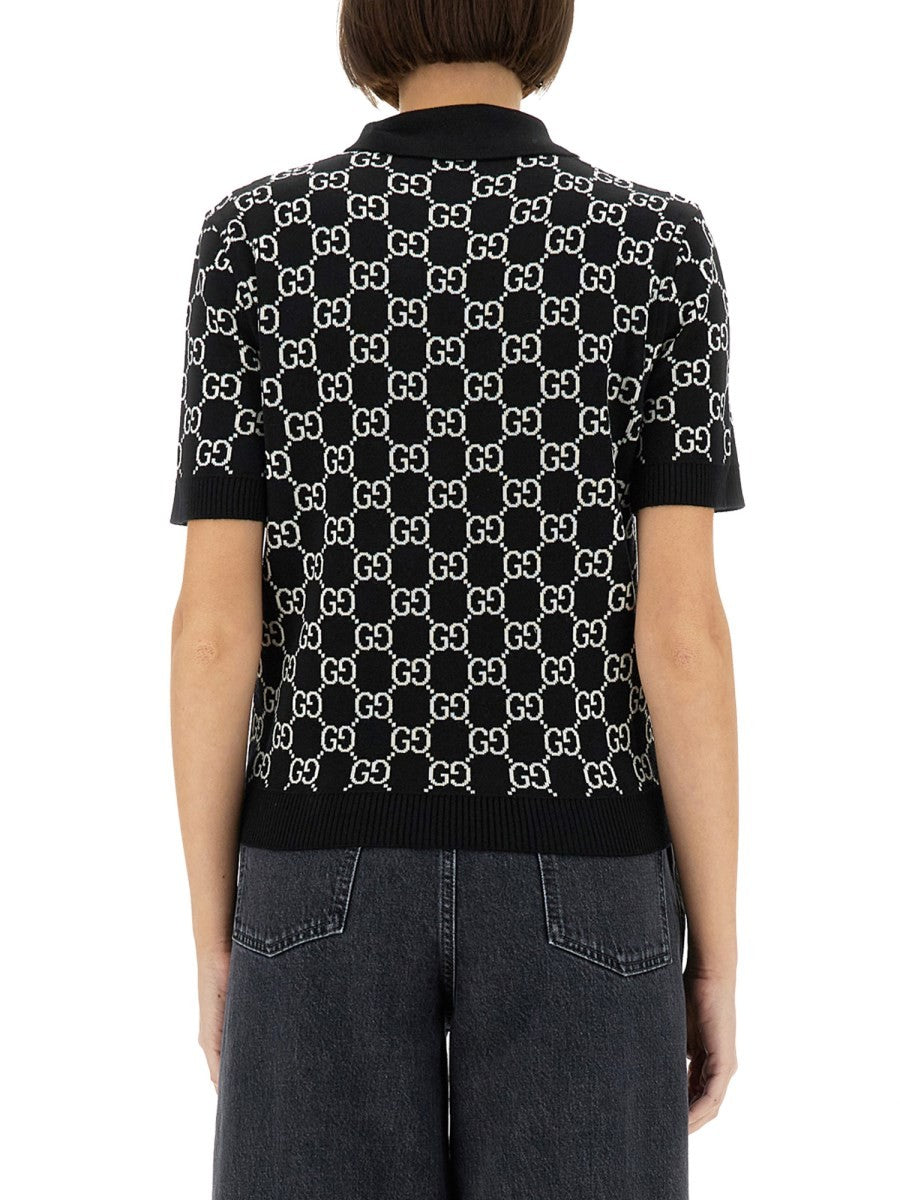 Gucci Women's GG Wool Jacquard Reversible Polo Shirt Black, view 3