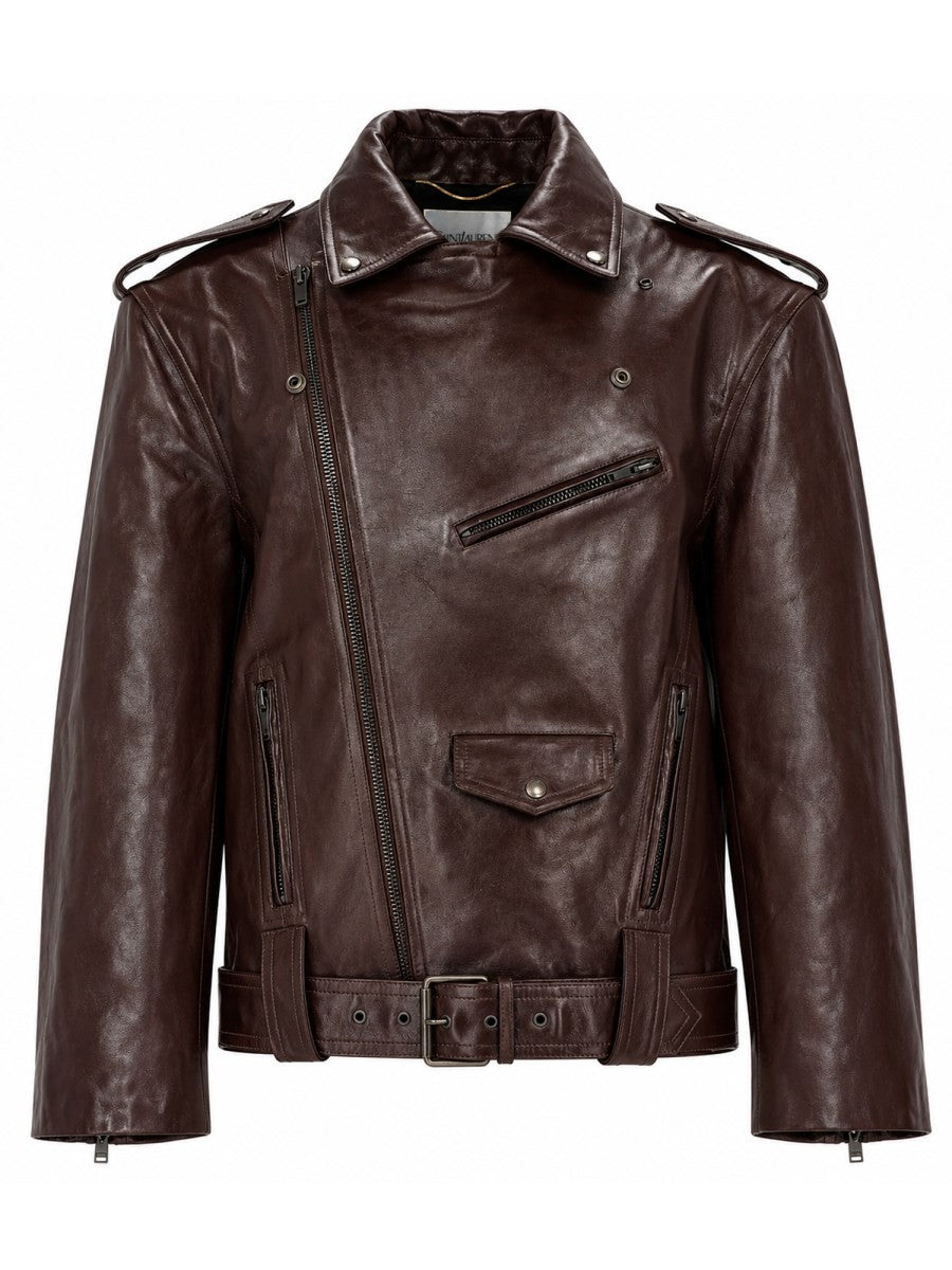 Saint Laurent Women's Giacca Biker in Pelle Liscia Brown