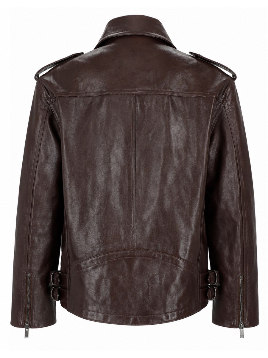 Saint Laurent Women's Giacca Biker in Pelle Liscia Brown