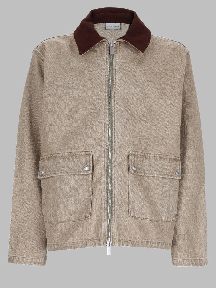 Drôle de Monsieur Men's Giacca in Denim Con Zip Beige