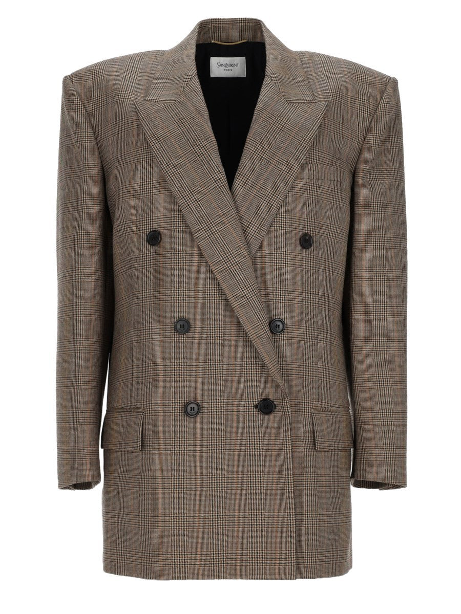 Saint Laurent Women's Wool Pied De Poule Principe Galles Jacket Beige