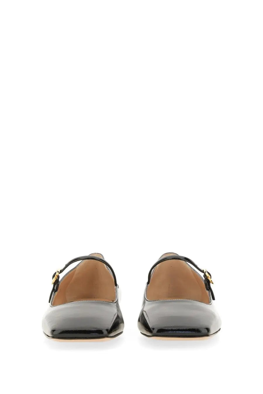 Gianvito Rossi women’s ballerina Christina black patent leather Mary Jane flats with gold-tone buckle details
