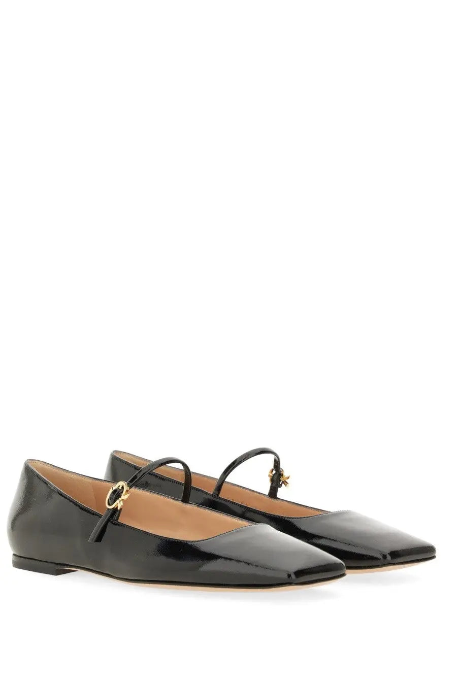 Gianvito Rossi women’s ballerina Christina black patent leather mary jane flats with gold-tone buckle and strap detail