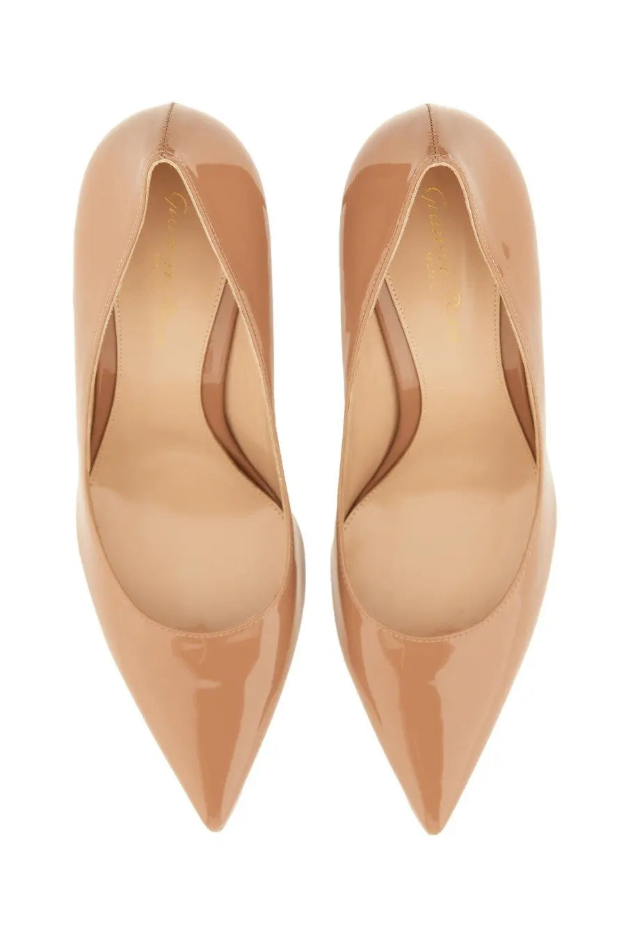 A pair of gianvito rossi women’s decolletè beige nude patent leather pointed-toe high heels with a glossy finish