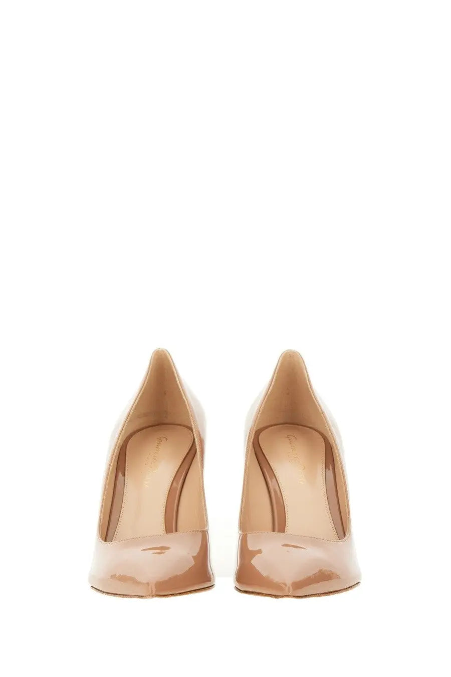 Beige patent leather pumps with sleek pointed toe and high heels from gianvito rossi women’s decolletè line