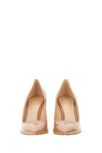 Beige patent leather pumps with sleek pointed toe and high heels from gianvito rossi women’s decolletè line