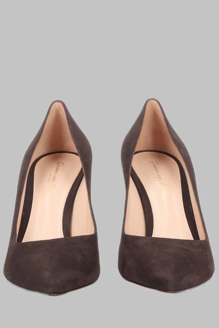 Dark brown suede pointed-toe pumps with sleek minimalist design from Gianvito Rossi women’s Écolleté Gianvito brown collection