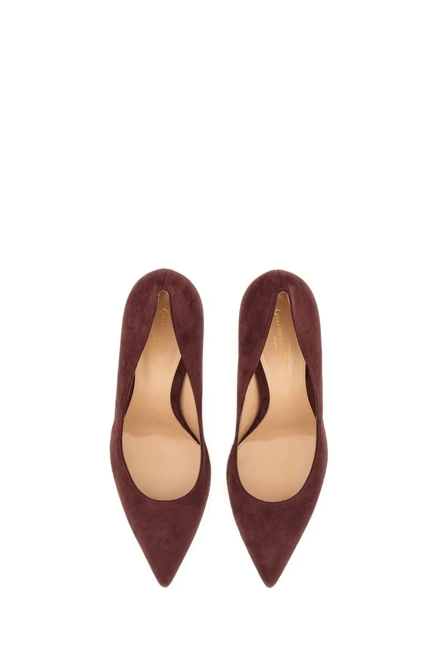 Burgundy suede pointed-toe high heels with a sleek minimalist design from Gianvito Rossi women’s Écolleté Gianvito Red collection