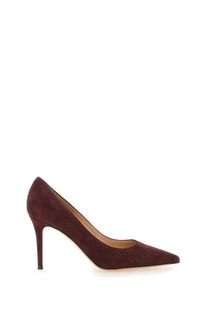 A sleek burgundy suede pump with pointed toe and slender high heel from Gianvito Rossi women’s écolleté gianvito red collection
